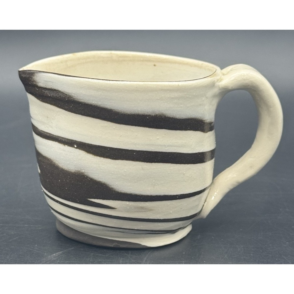 Handmade Studio Pottery Creamer Brown White Striped Pulled Handle Wheel Thrown